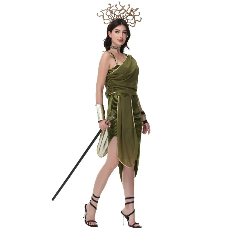 

Roman Greek Myth Halloween Costume Adult Women Gorgon Medusa Outfit Green Fancy Dress Cosplay Carnival Party Clothes
