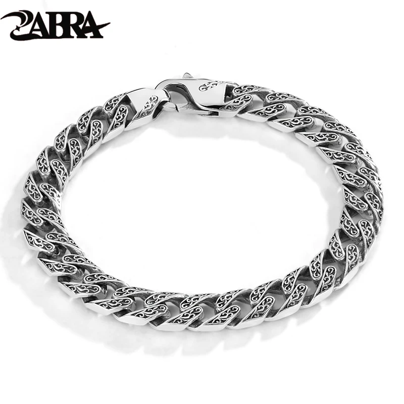 ZABRA 925 Silver Cuban Bracelet Men\'s Vintage Tang Grass Pattern Men\'s Handicraft Dragon Year Gift