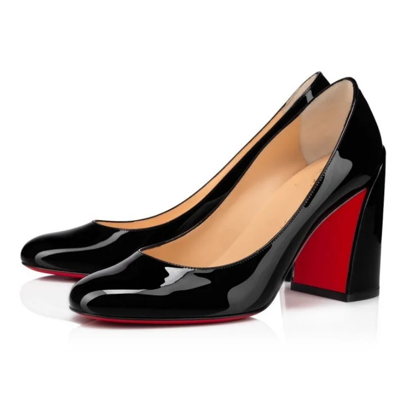 Givencci Black Patent Leather Pumps Women Round Toe Red Sole Sapatos Feminino Slip On Office Lady Shoes Chunky High Heel Classic