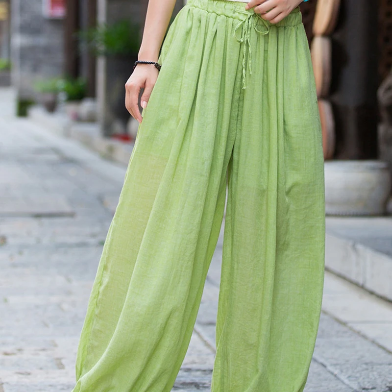 القطن الكتان التعادل صبغ السراويل للنساء الصيف خمر الحريم فضفاض واسعة الساق البنطلونات غير رسمية كل مباراة السراويل للسيدات