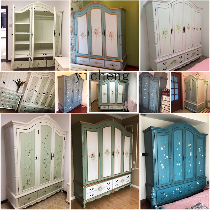 

TQH European Style Wardrobe American Style Wardrobe Assembly Solid Wood Bedroom Simple Modern 3-Door
