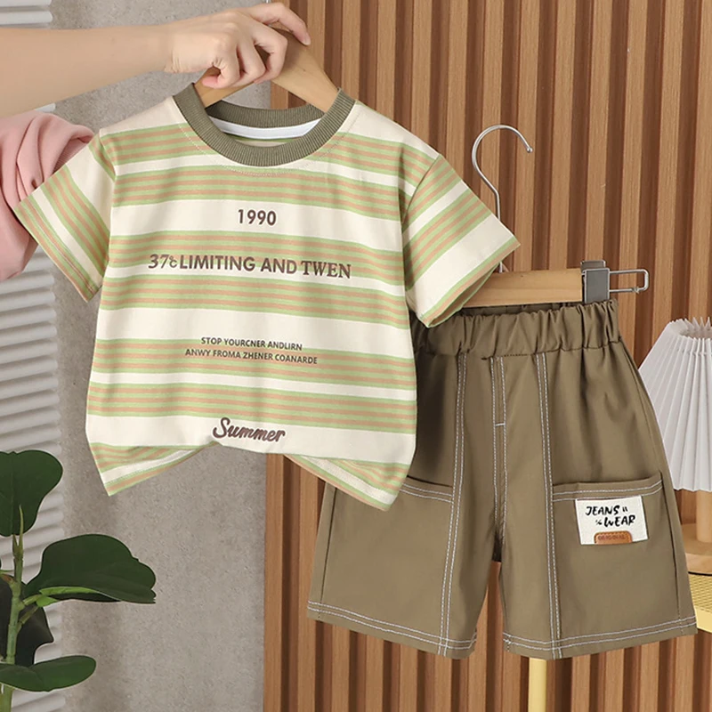 

2PCS Summer Baby Boy Boutique Clothing Korean Fashion Stripe Letter Short Sleeve Tops+Short Kids Clothes Children's Sets BC2268