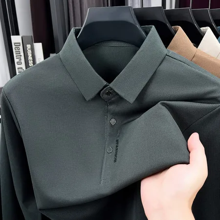 Herren Business Langarm-Polohemden aus hautfreundlichem, strukturiertem Stoff mit minimalistischem Buchstabendruck, Umlegekragen, lässige Oberbekleidung – Detail 5