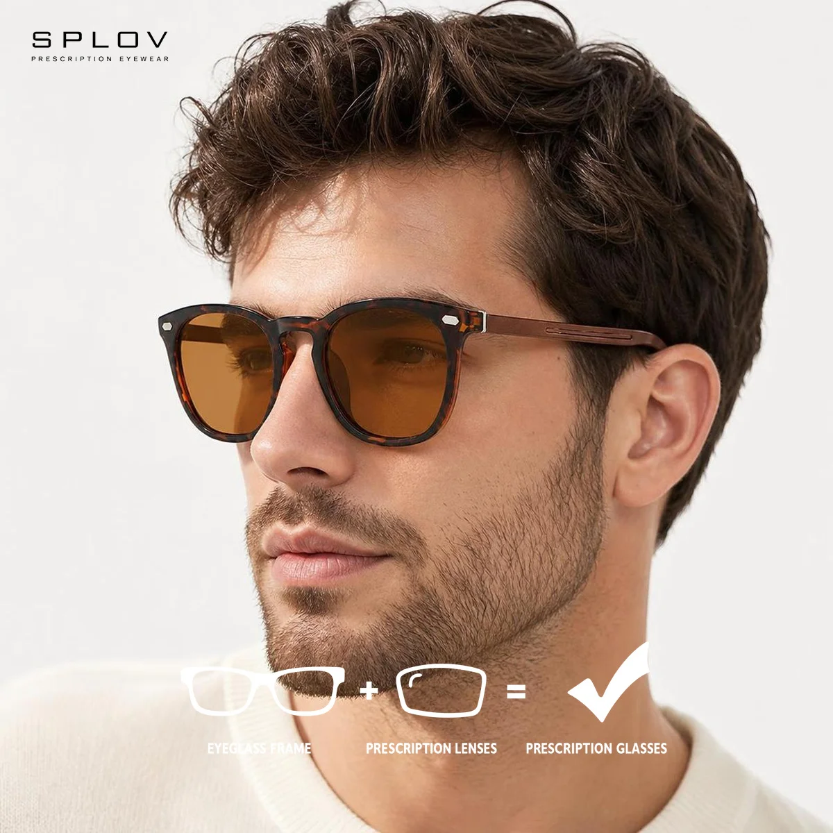 SPLOV Stylish Square Metal Prescription Sunglasses, Professionally Customized Polarized Anti-Blue Light Optical Sunglasses