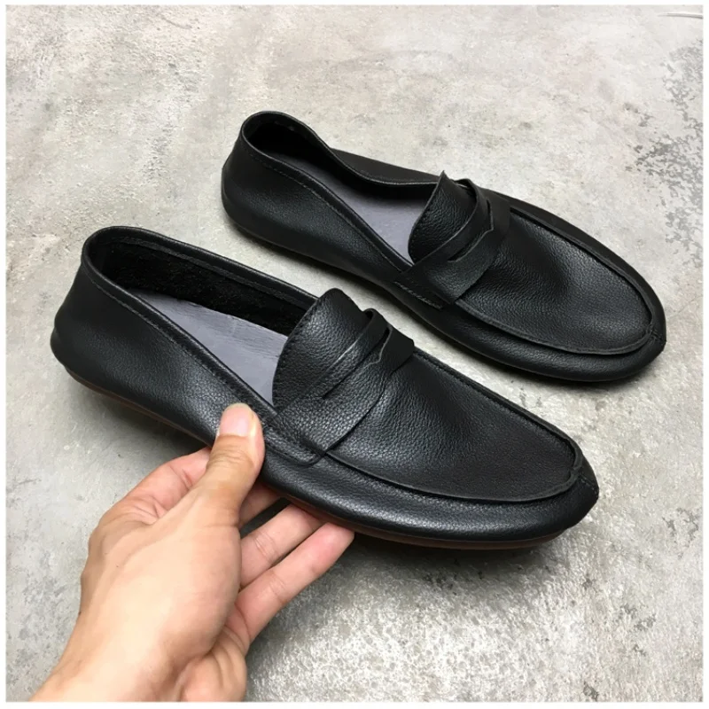 

Мужские лоферы из мягкой кожи кофейного, черного цвета, однослойные дышащие мужские туфли из воловьей кожи, мягкая подошва, обувь для ленивых на одну ногу