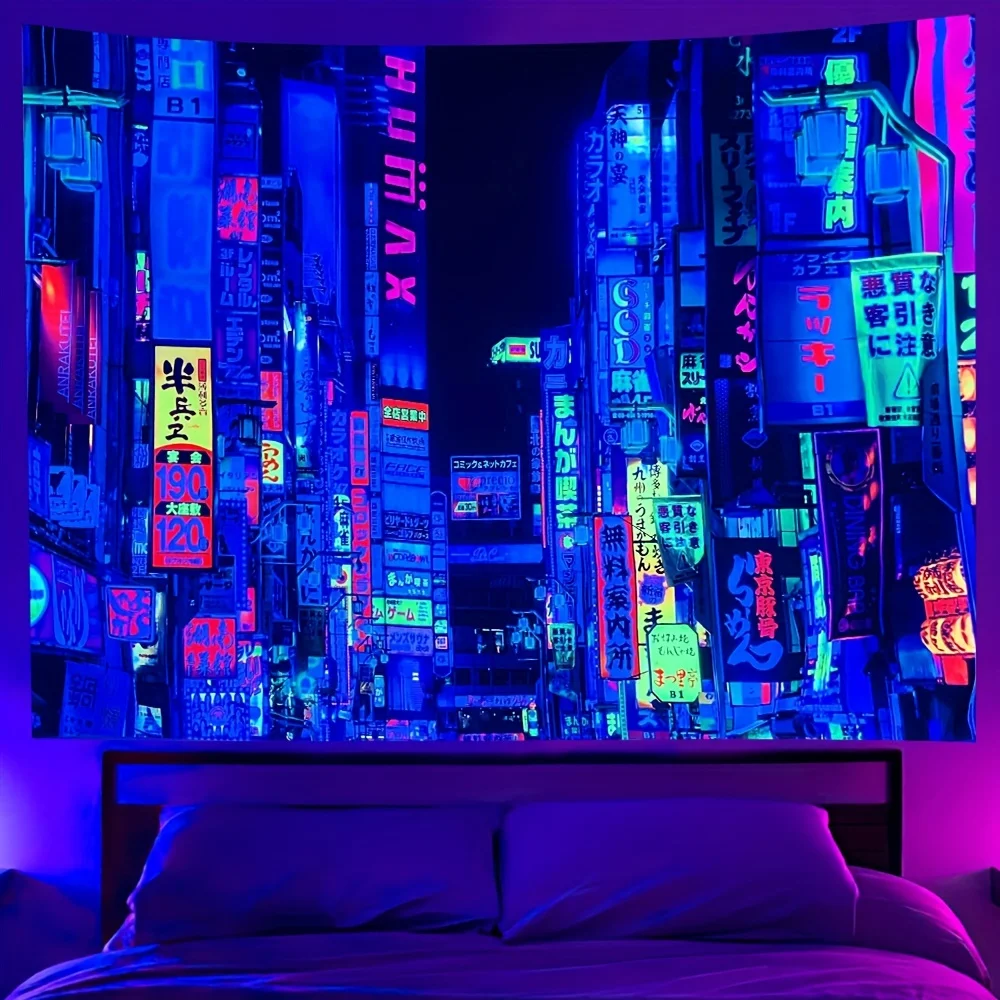 Neon Cityscape Tapestry - Vibrant Nighttime Urban Scene with Colorful Signs for a High-Elegance, Modern Ambiance, Perfect