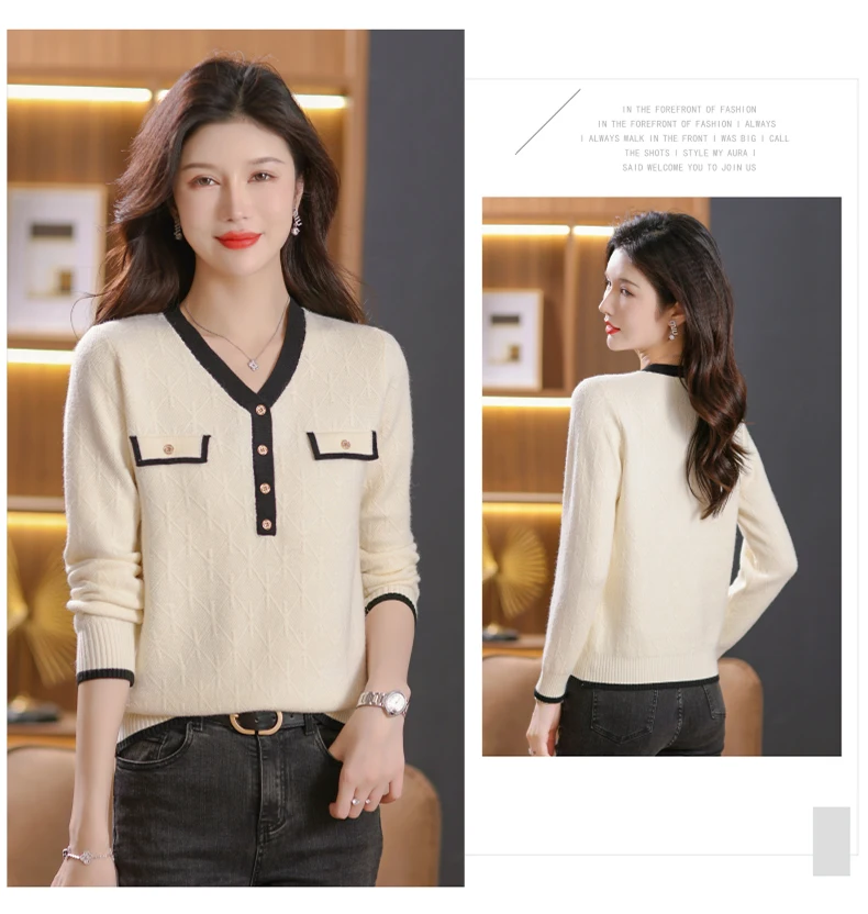 เสื้อสเวตเตอร์ไหมพรมคอวีทรงหลวมสไตล์ใหม่สำหรับฤดูใบไม้ร่วงและฤดูหนาวสำหรับผู้หญิง