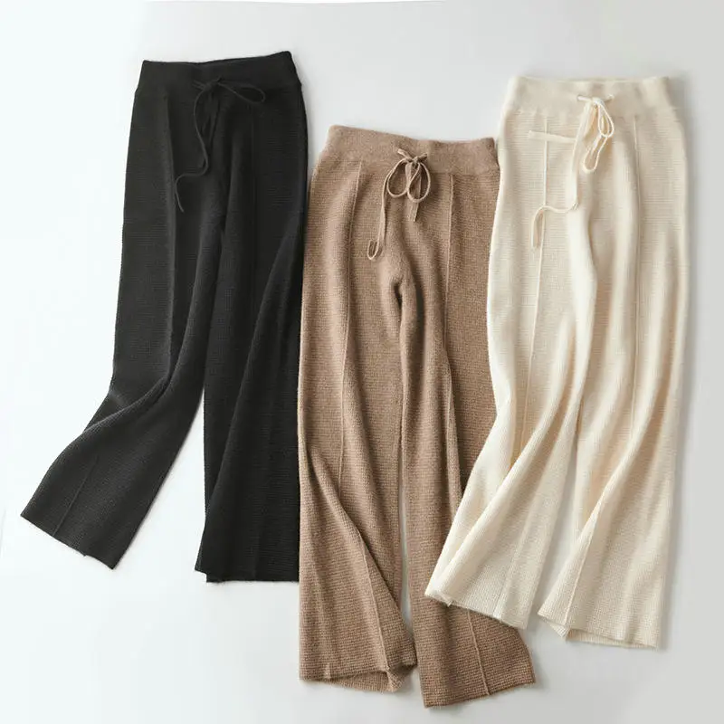 

Hot Selling Korean Fashion Ladies Plain Color Long High Waist Pant Knit Cashmere Wide Leg Long Pants for Women