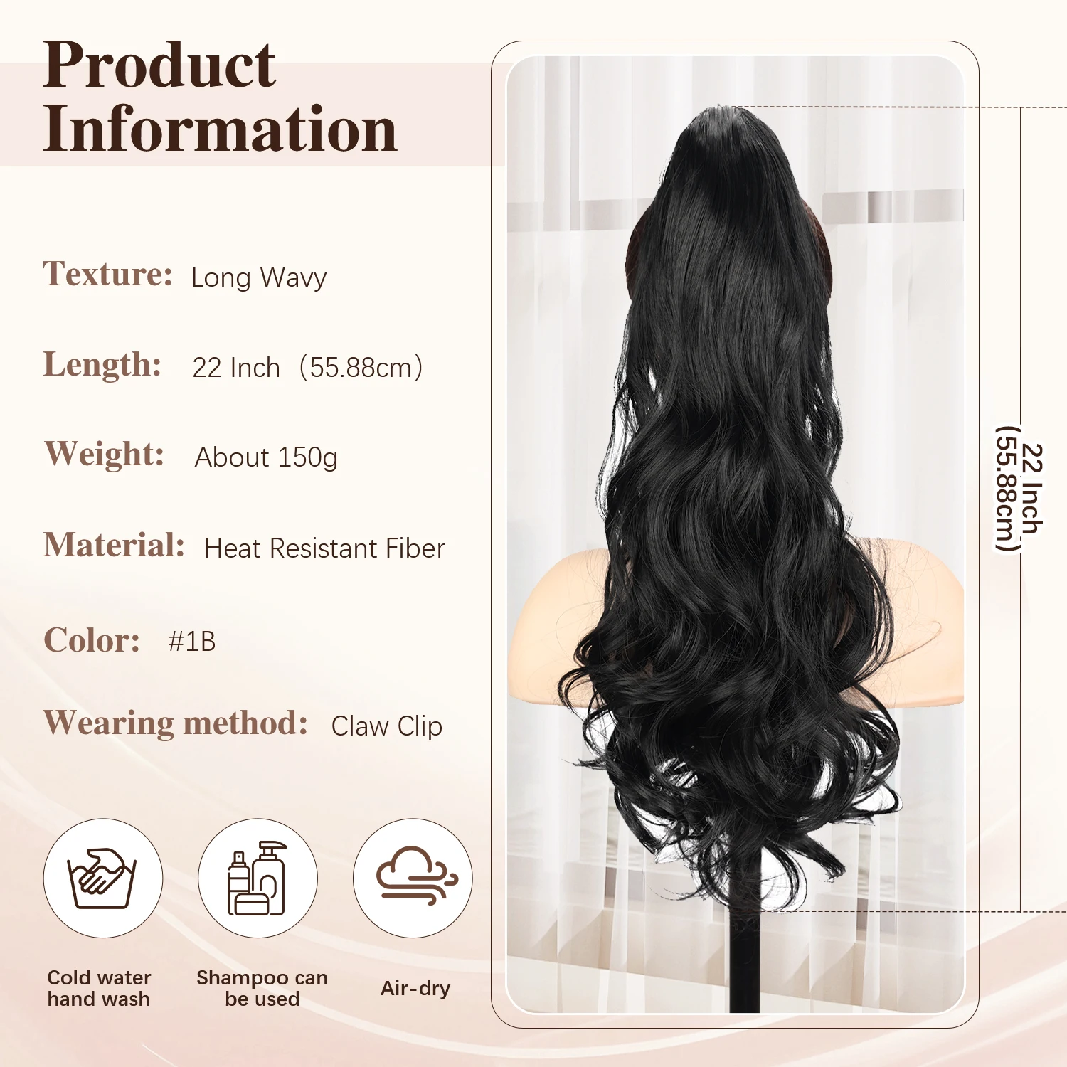 Synthetic Claw Ponytail Extensions 22inch Long Wavy Claw Clip Pony Tail Hairpieces for Women Daily Party Holiday