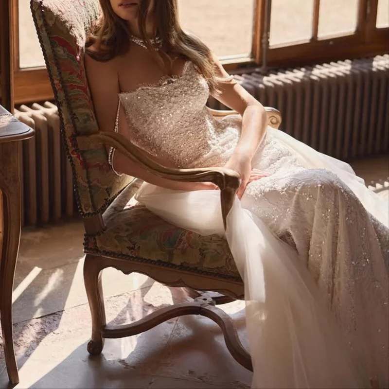 

Shiny Ivory White Wedding Dresses off-shoulder glitter Fishtail Skirt decal detachable Long tail Bridal Gowns Made Customized