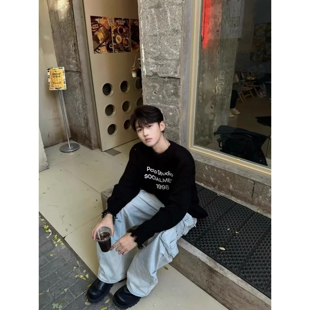 high street sweater for men in early autumn and winter with hole design, loose and casual black long-sleeved sweater couple tops