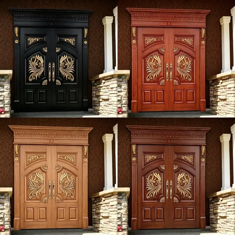 Customized Outdoor Front Entry Carving Oak Solid Wood Doors Exterior Main Entrance Double Carved Wooden Door Design