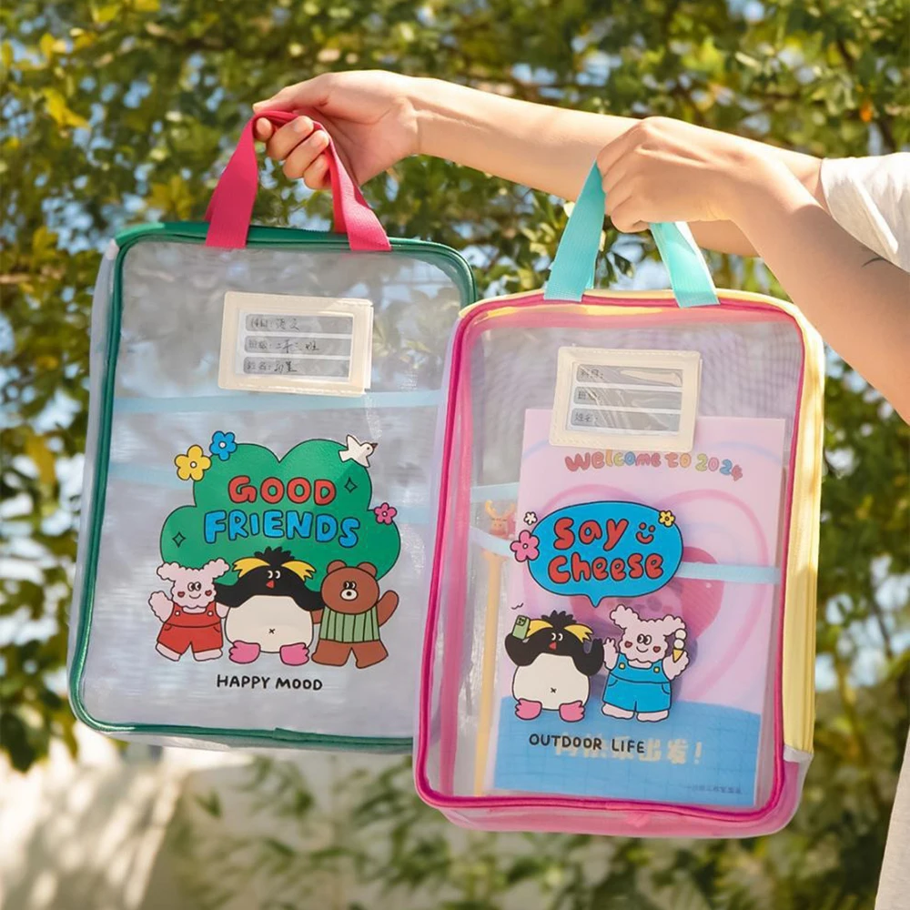 Colorful Cute Large Capacity File Bag, Transparent Document Handbag for Student Exams, A4 Zipper Paper Storage Bag image 5
