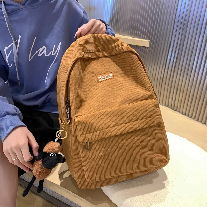 New Pure Color Women Corduroy Backpack Female Stripe Harajuku School Bag Cute Shoulder Bag For Teenage Girls Bagkpack Mochila