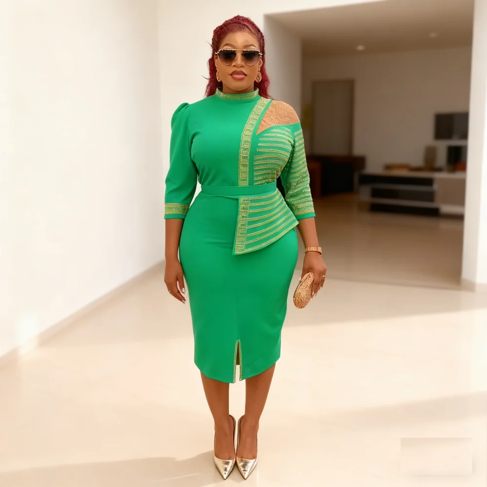 

Diamonds Office Dress for Elegant Women Professional Half Sleeve Sheath Package Hips Mid Calf Formal African Work Dress OL Party