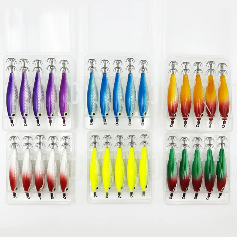 ShareShark 5 Stück/Box Tintenfisch-Jig-Köder 8cm 5,6g UV-Leuchtender Garnelenköder Horizontaler Kunstköder für Tintenfische, Oktopus, Salzwasser – Detail 2