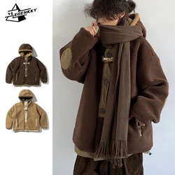 Fleece Parkas para homens e mulheres, Harajuku, Patchwork, casaco de algodão com capuz, casacos grossos quentes, rua japonesa Unisex Outwear, inverno