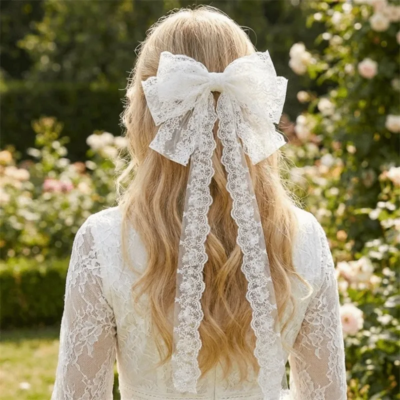 1 Piece Lace Fairy Bow Hair Clip with Long Ribbon Tails Elegant Back of Head Headwear for Women Graceful Daily Style