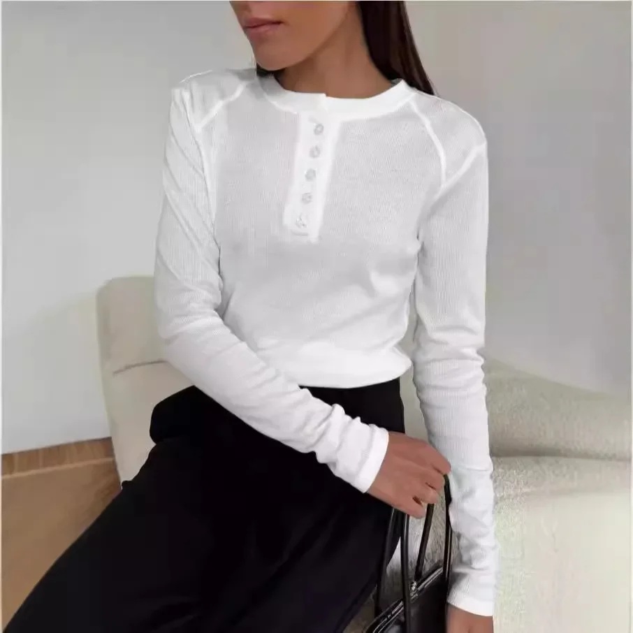 

Fashion Women Basic Slim Fit Long Sleeve Tee with Button Placket Casual Solid Color Top