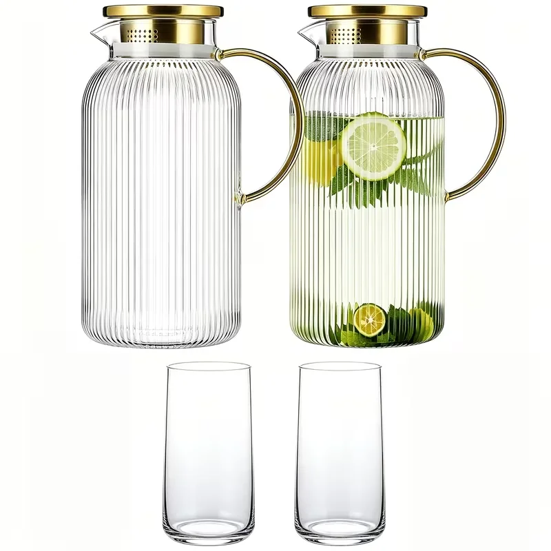 2pcs Ribbed Glass Water Pitcher +2pcs Clear Straight Tumblers Set, High Borosilicate Glass Cold Brew Carafe with Golden Filter Lid, Golden Handle, Clear Straight Tumblers for Iced Tea Lemonade Beverage