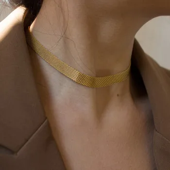 E.B.belle 3-laags verguld roestvrij staal anti-allergie en milieuvriendelijke brede gevlochten mesh ketting choker kettingen voor vrouwen