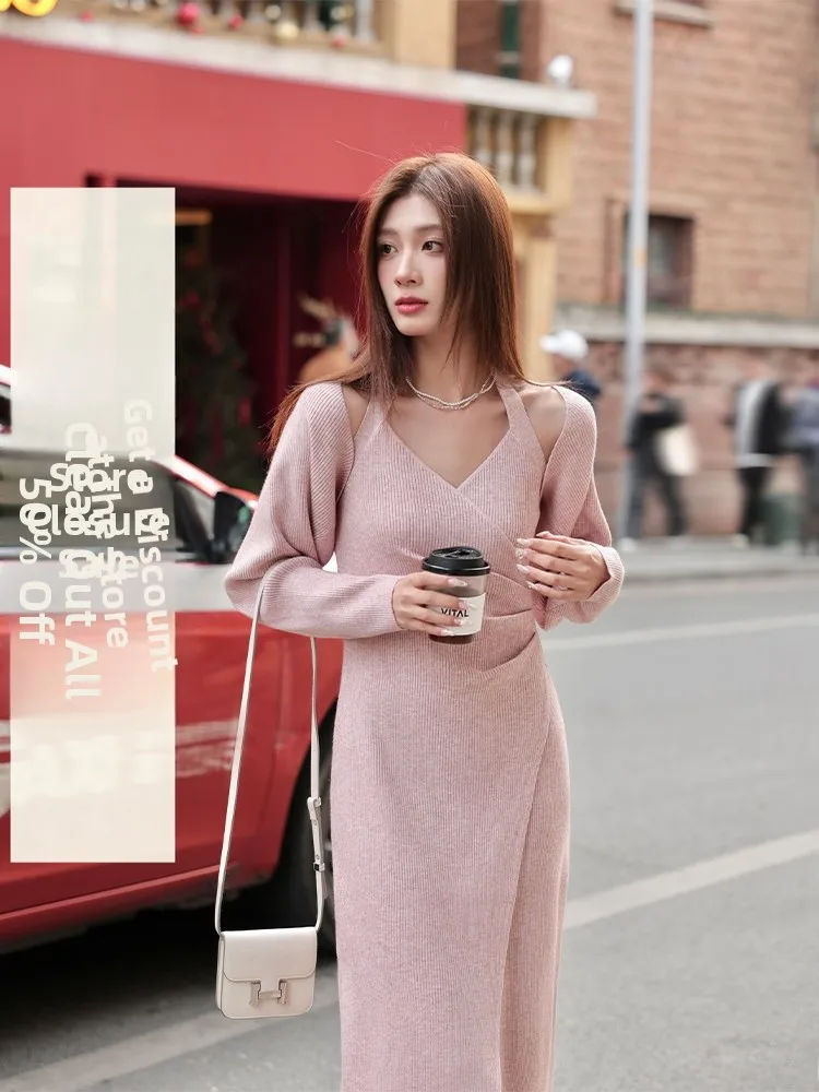 

Pink Medium-Length Women's Set Yang Bubble Brand Knitted Dress And Shawl Two-Piece Suit V-Neck Long Sleeve Autumn Fashion