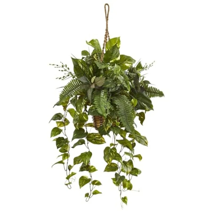 

Hanging basket with mixed pothos and Boston artificial fern for indoor decoration, premium PVC material, natural green color, r