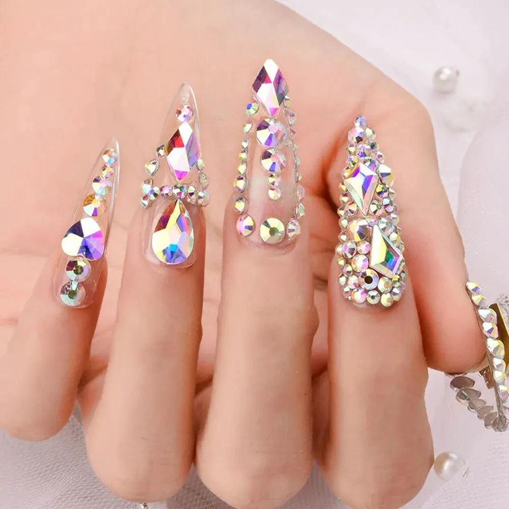 100szt Crystal AB Nail Art Rhinestone Flatback Drop Flame Shape Nail 3D Decorations Manicure Gems Supplies for Professionals