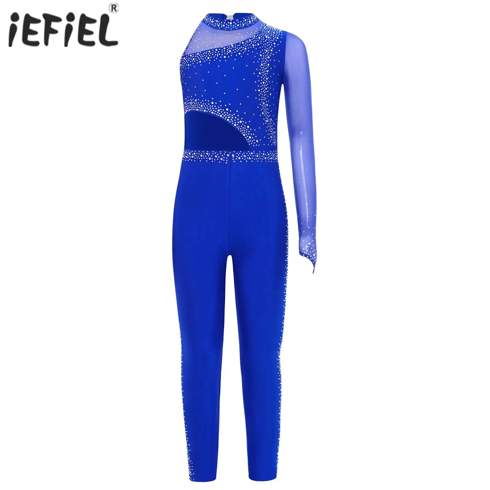 Tuta da ginnastica per balletto per bambina, pattinaggio di figura, pagliaccetto da ballo con ritaglio in rete trasparente, strass, body completo per fitness