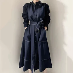 Women French Mid Length Temperament Dress With Belt Waist Cinching Slimming Shirt Design Feeling Long Vestidos Spring Autumn New