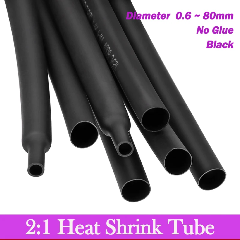 

1/3/5/8/10m 2:1 Heat Shrink Tube Black 0.6mm ~ 80mm Diameter Heatshrink Tubing DIY Connector Repair Cable Protecctor Sleeving
