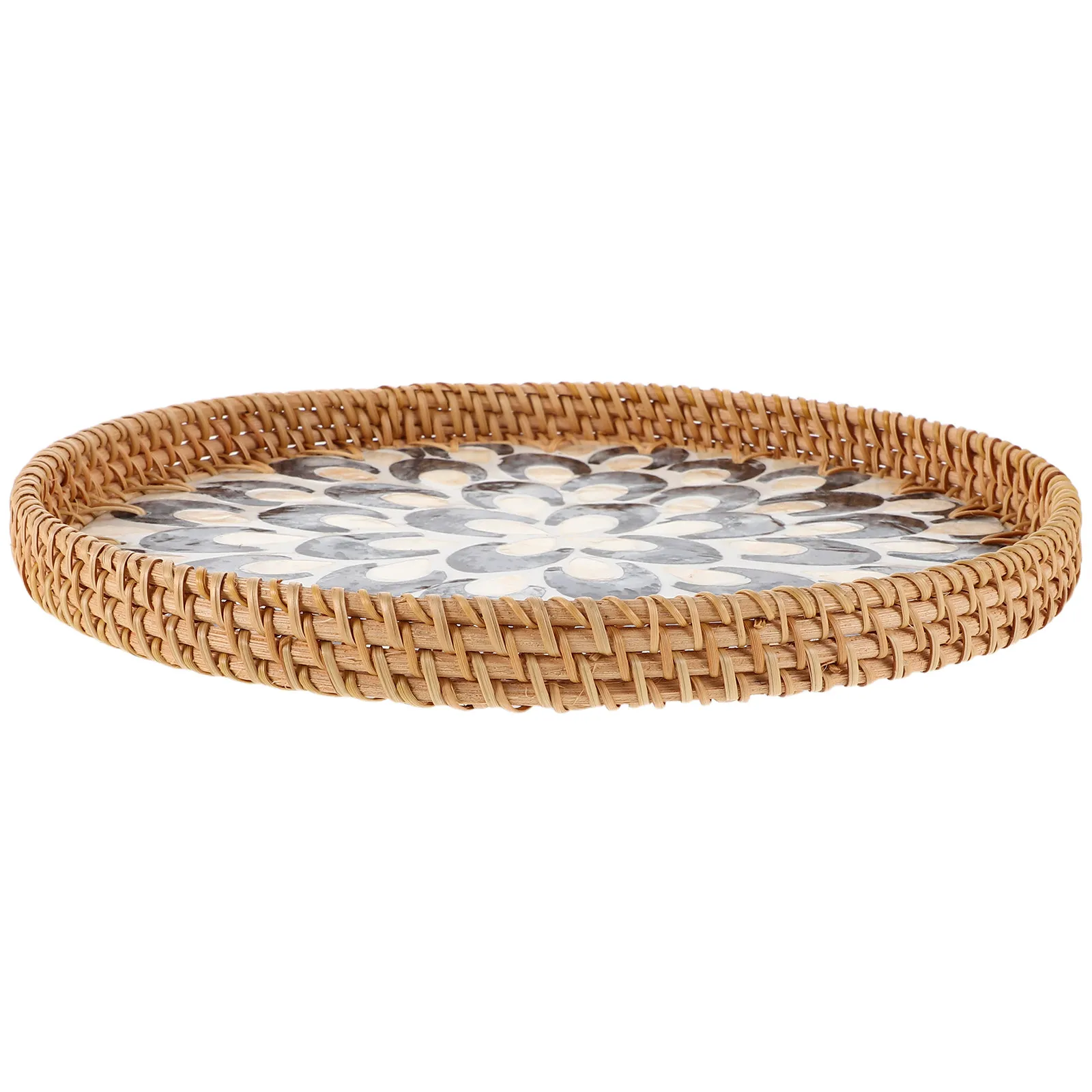 Artisanal Handwoven Rattan Serving Tray Featuring Vibrant Shell Inlays Decorative Fruit Vegetable Basket for Living Room Coffee