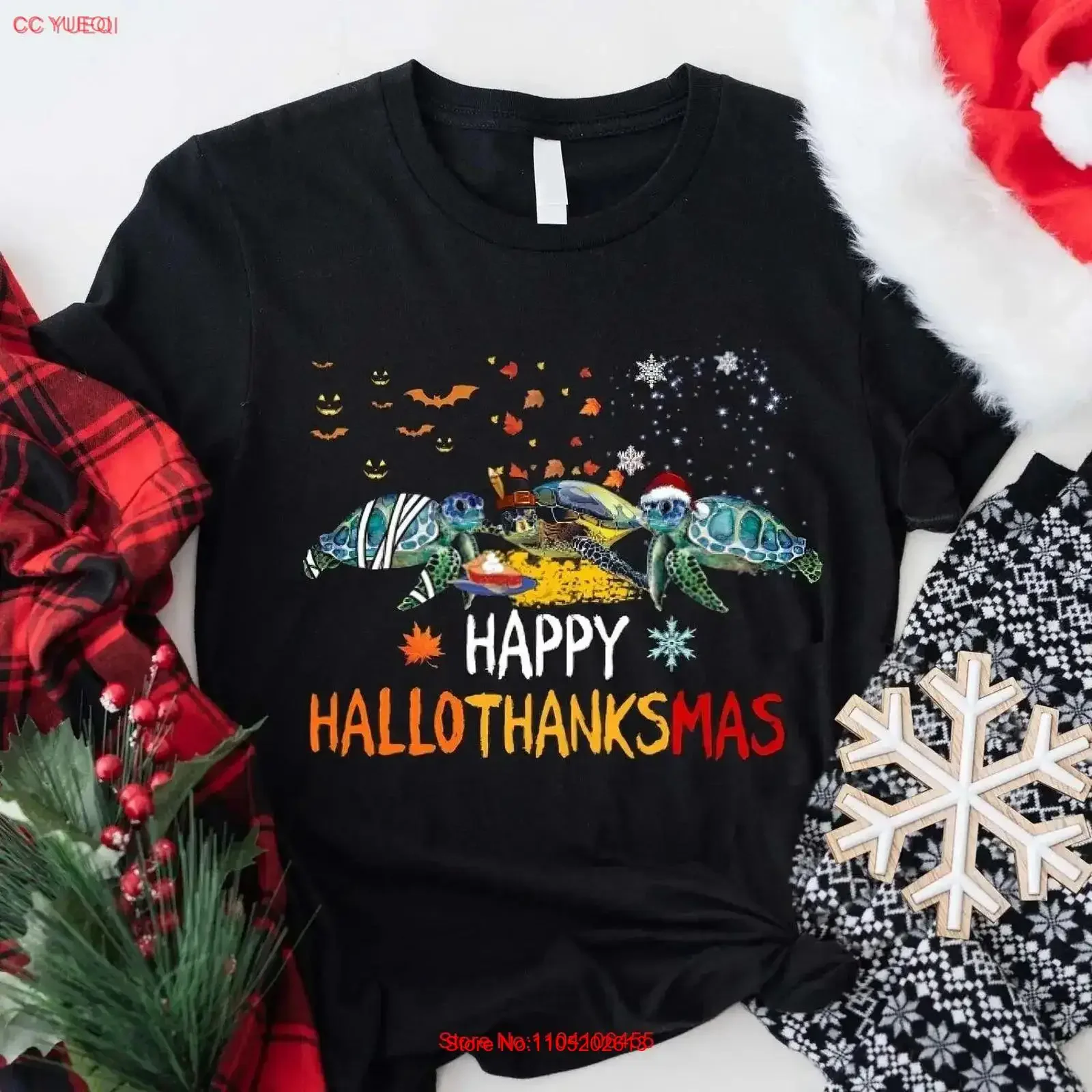 

Turtles Happy HalloThanksMas T Shirt Halloween Thanksgiving Christmas Turtle S vintage Washed Stylish fashion Casual graphic