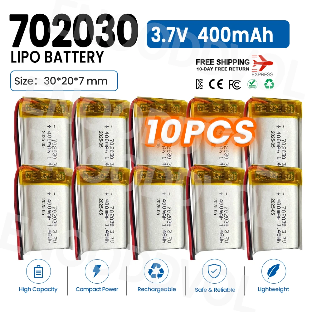 10PCS 702030 Battery 400mAh 3.7V LiPo Rechargeable Battery for Remote Control Drone Beauty Instrument MP3 GPS PSP DVR Bateria