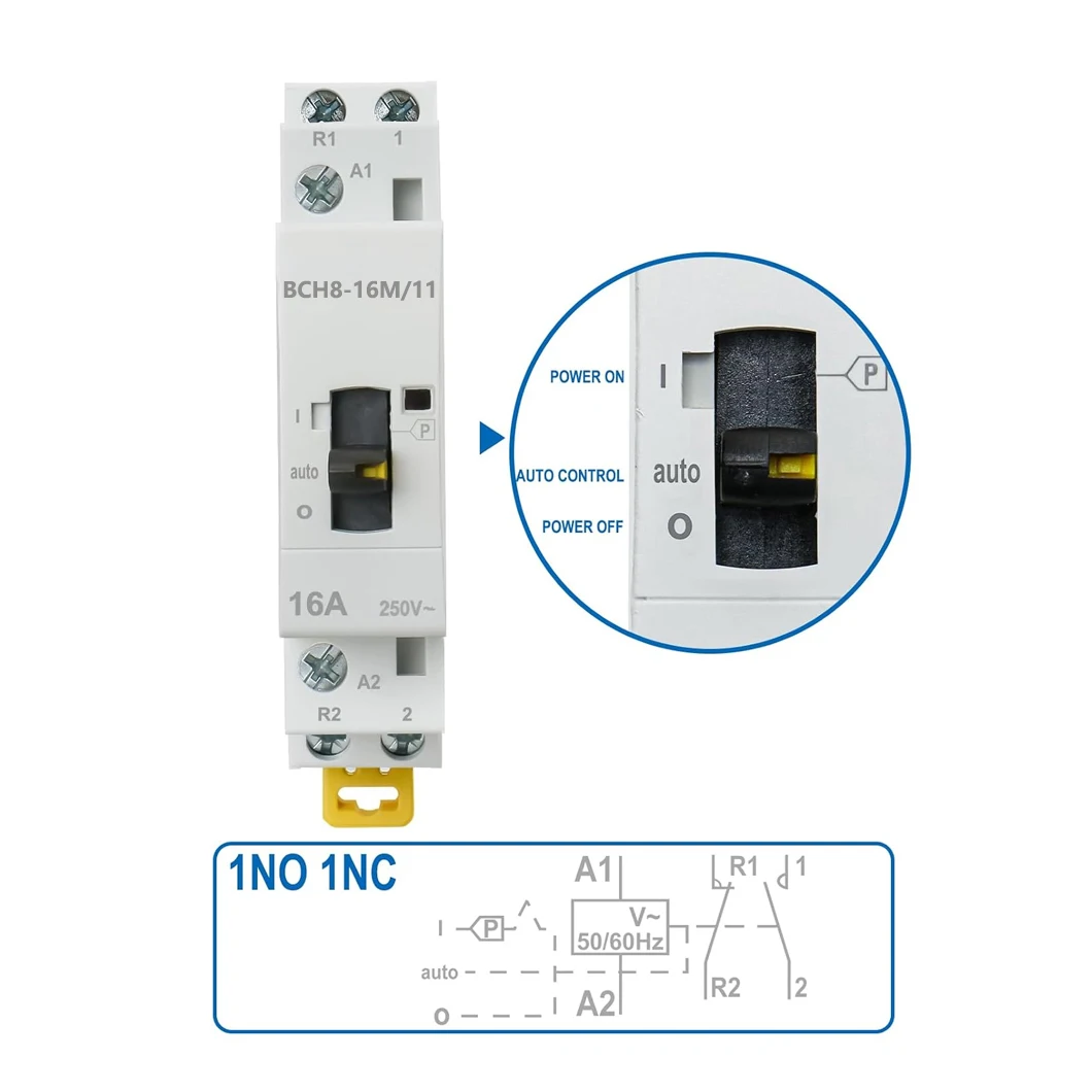 ABILKEEN BCH8-16M/11 Manual Household AC Contactor 16A 1NO1NC 50/60Hz Modular Contactor Circuit Manual/Automatic Control