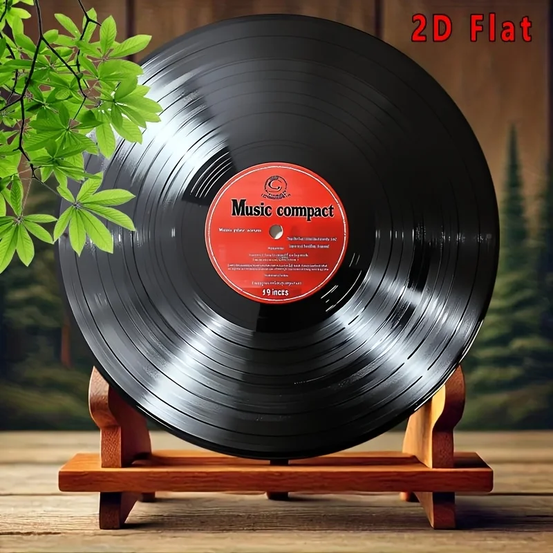 2D Flat - Vintage "MUSIC COMPACT" Arte de pared de disco de vinilo de 12 pulgadas con etiqueta roja y soporte de madera - Aluminio, diseño plano 2D, música