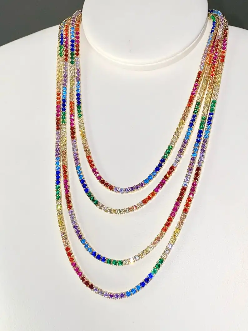 

4MM Rainbow CZ Tennis Chain Necklace Top Quality Gold Color Colorful Women Choker 16inches