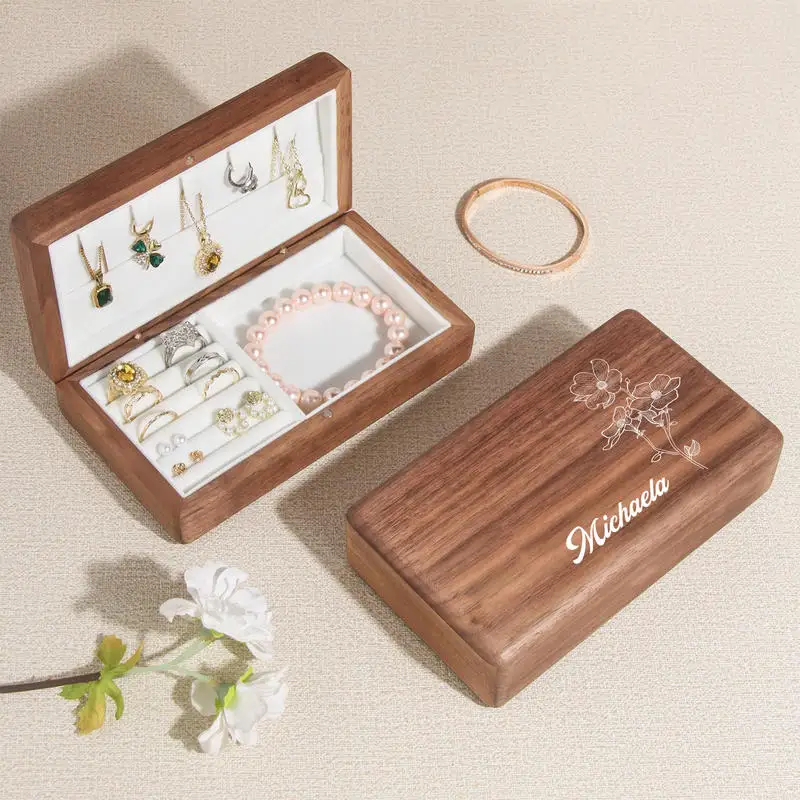 Personalized Walnut Wood Jewelry Box Custom Name Engraved Jewellery Storage Case Velvet Lined Portable Ring Earring Necklace Bra