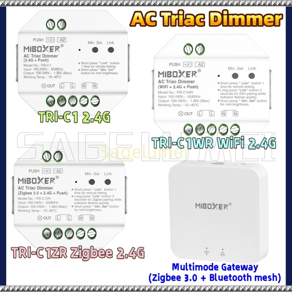 ZB-Box3 TRI-C1 TRI-C1WR TRI-C1ZR AC Triac Dimmer AC 110V 220V 2.4G RF Remote WiFi App /Voice Push Control 300W for Halogen Lamps