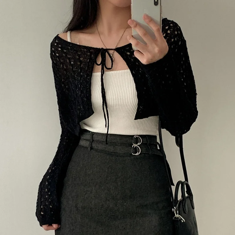 Korean Sle Chic Summer Loose Long Sve round Ne Knitted Sun Protection Top Women's Faion  Knot Hollow out