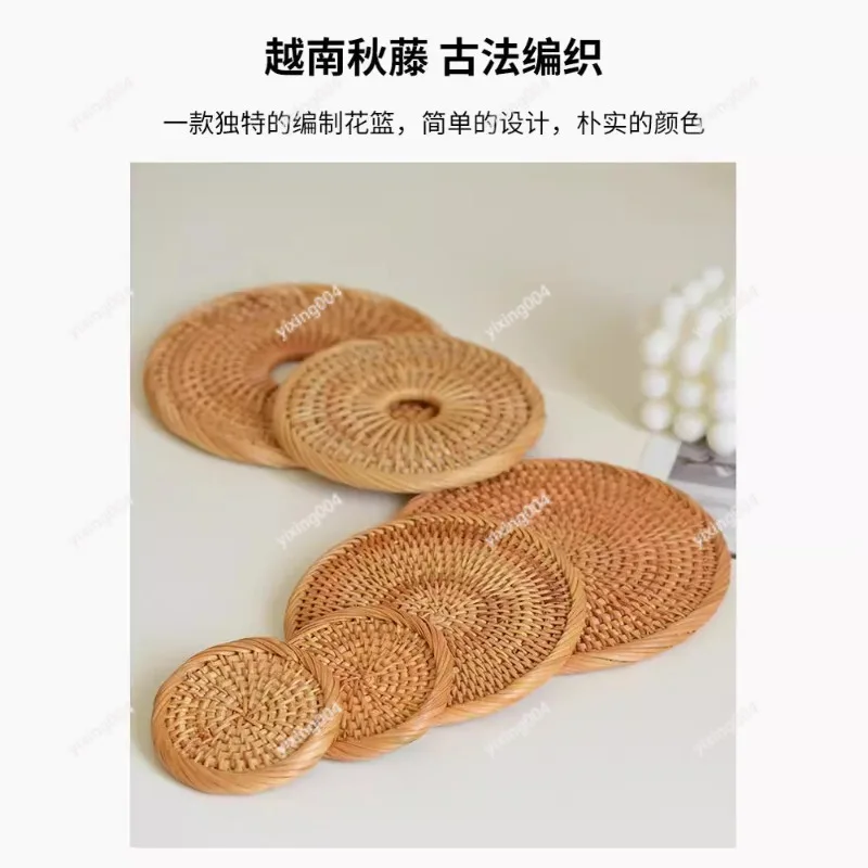 Rattan Coaster Pot Pad Dining Mat, Desktop Storage Ornament for Kitchen Tea Room Decor