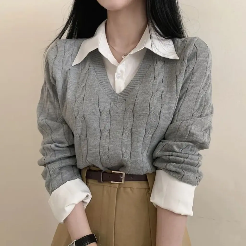 

Women's Korean Style Ins Shirt Collar Splicing Knitwear Short Pullover Top Autumn Fashion Fake Two-Piece Waist Design