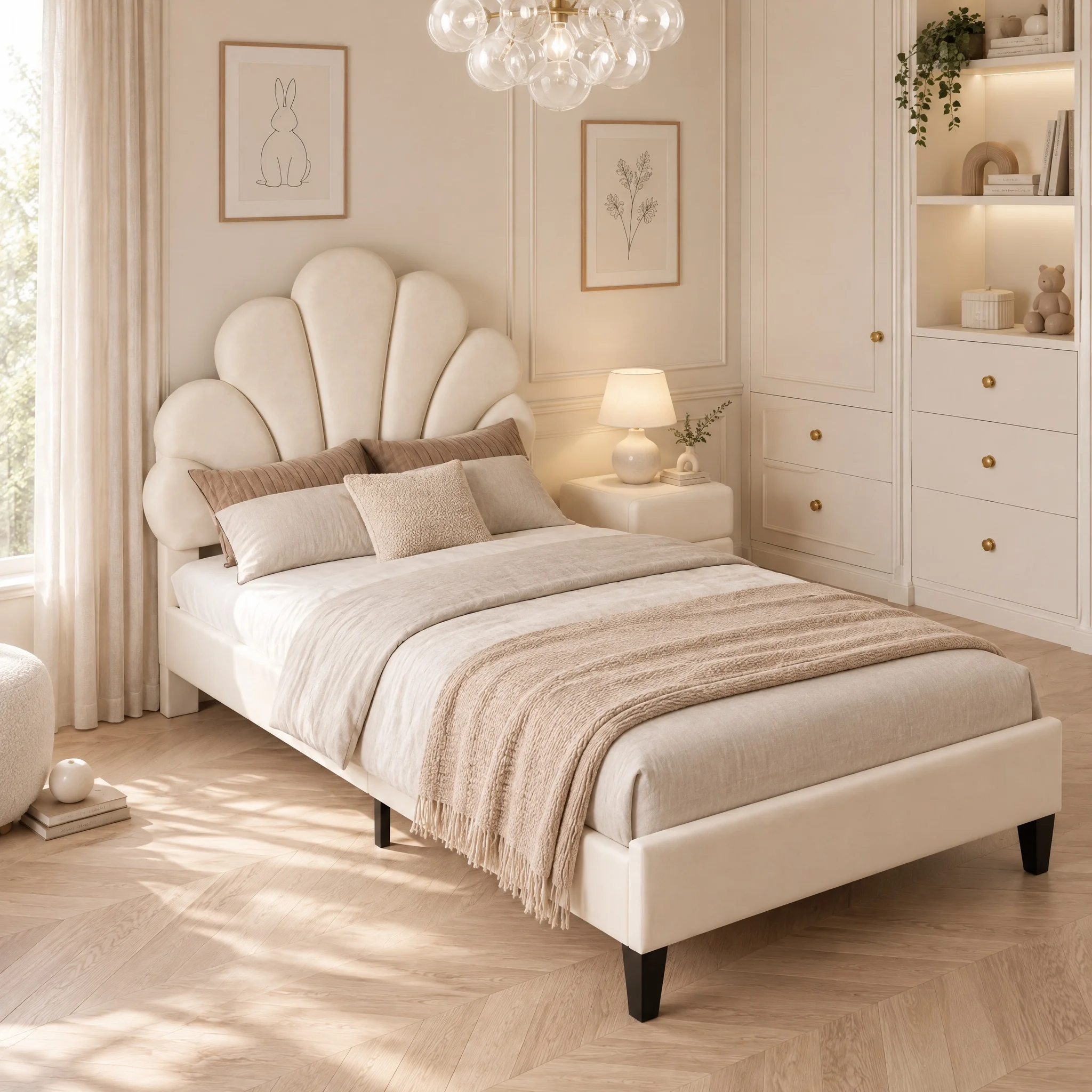 Letto imbottito Anajqaqia, 90x200 cm, struttura per letto singolo con testiera imbottita a forma di nuvola, senza materasso, tessuto in velluto, colore beige.