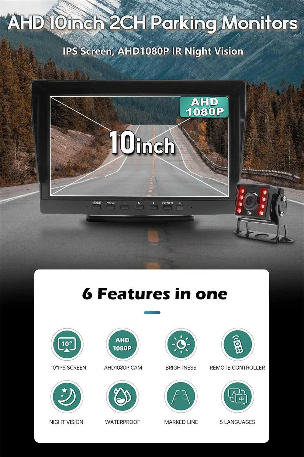 10 Inch 1920x1080P IPS  Screen Car Monitor Recording DVR With AHD 1080P IR Night Vision Vehicle Rear View Camera For Truck Bus