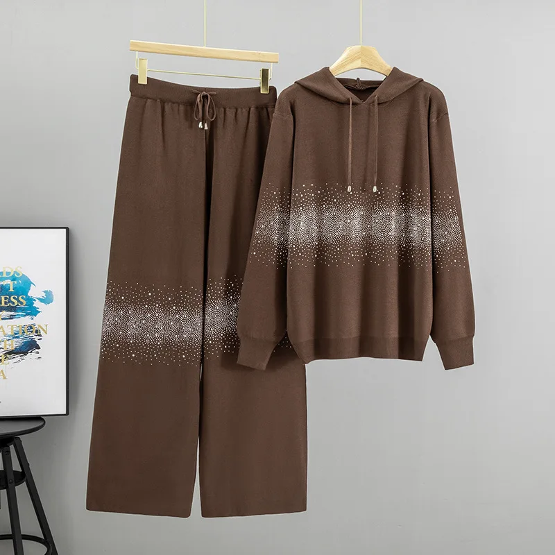 Europese en Amerikaanse zigeunersterren Hot Diamond Fashion herfst winter nieuwe gebreide pak met capuchon dames wijde broek tweedelige set