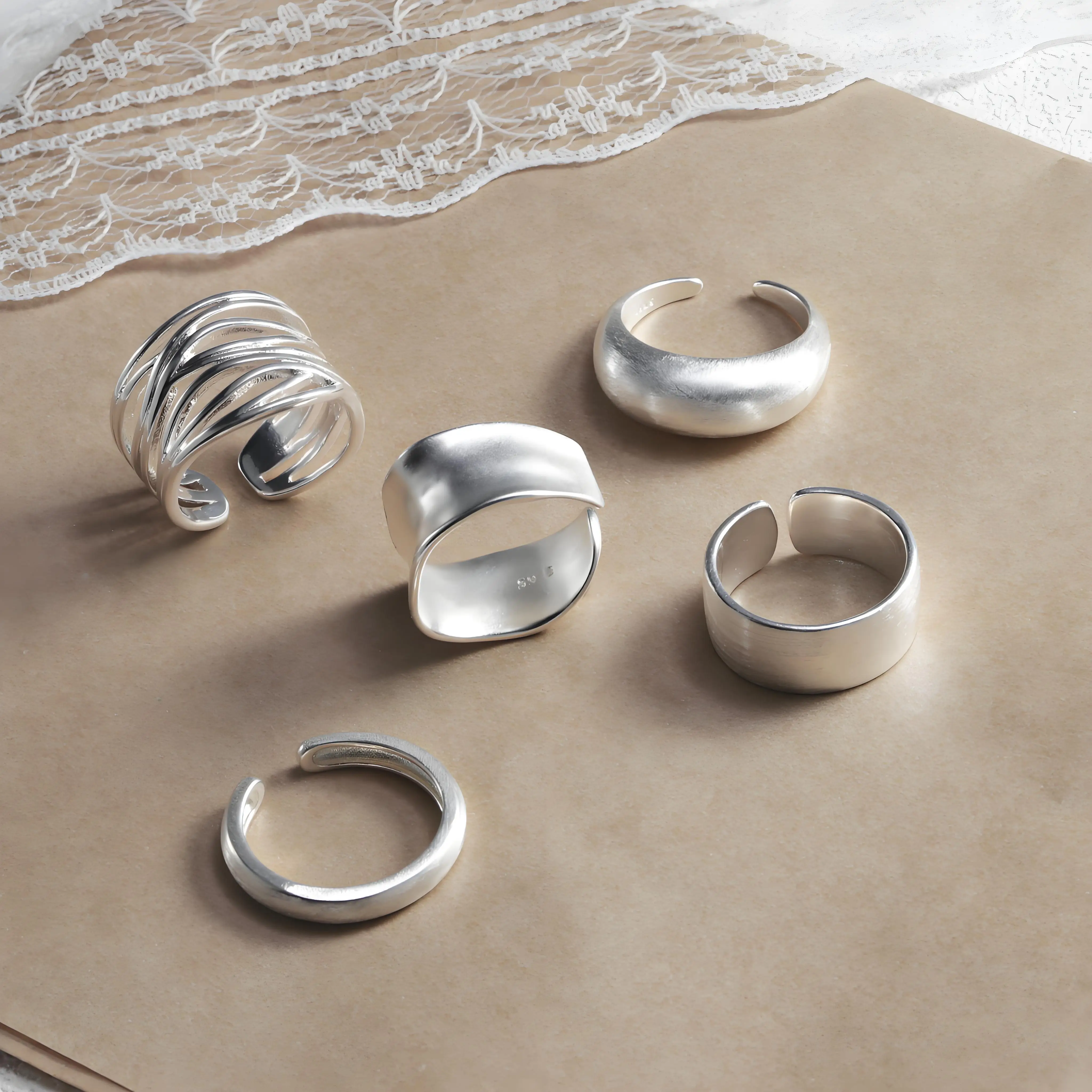 

PANJBJ 925 Sterling Silver Rings for Women Couple Minimalist Handmade Simple Wide Ring Set Party Jewelry Gift Prevent Allergy