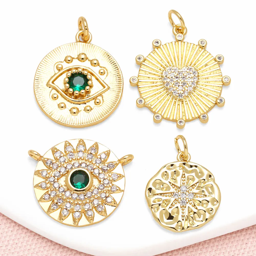 OCESRIO Trendy Green Crystal Evil Eye Medal Pendant for Necklace Copper Gold Plated Heart Jewelry Making Supplies pdtb833