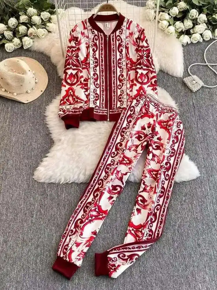 

Autumn Red White Porcelain Print Two Pieces Sets Women Jacket Long Trousers Zipper Floral Coat＋Elastic Waist Skinny Pant Suits