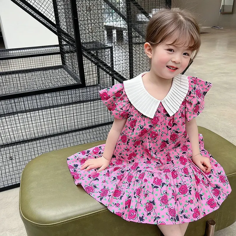 Girls' Skirt Crumpled Collar Flounced Sleeve Flower Dress Princess Dress25Summer New Foreign Trade Children's Wear Delivery