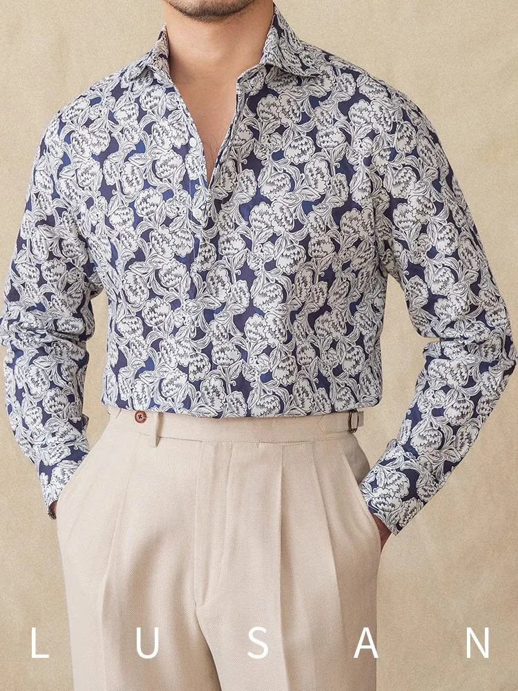 

Men's Cotton Linen Printed Shirt - Vintage Japanese Style Long Sleeve Breathable Casual Top